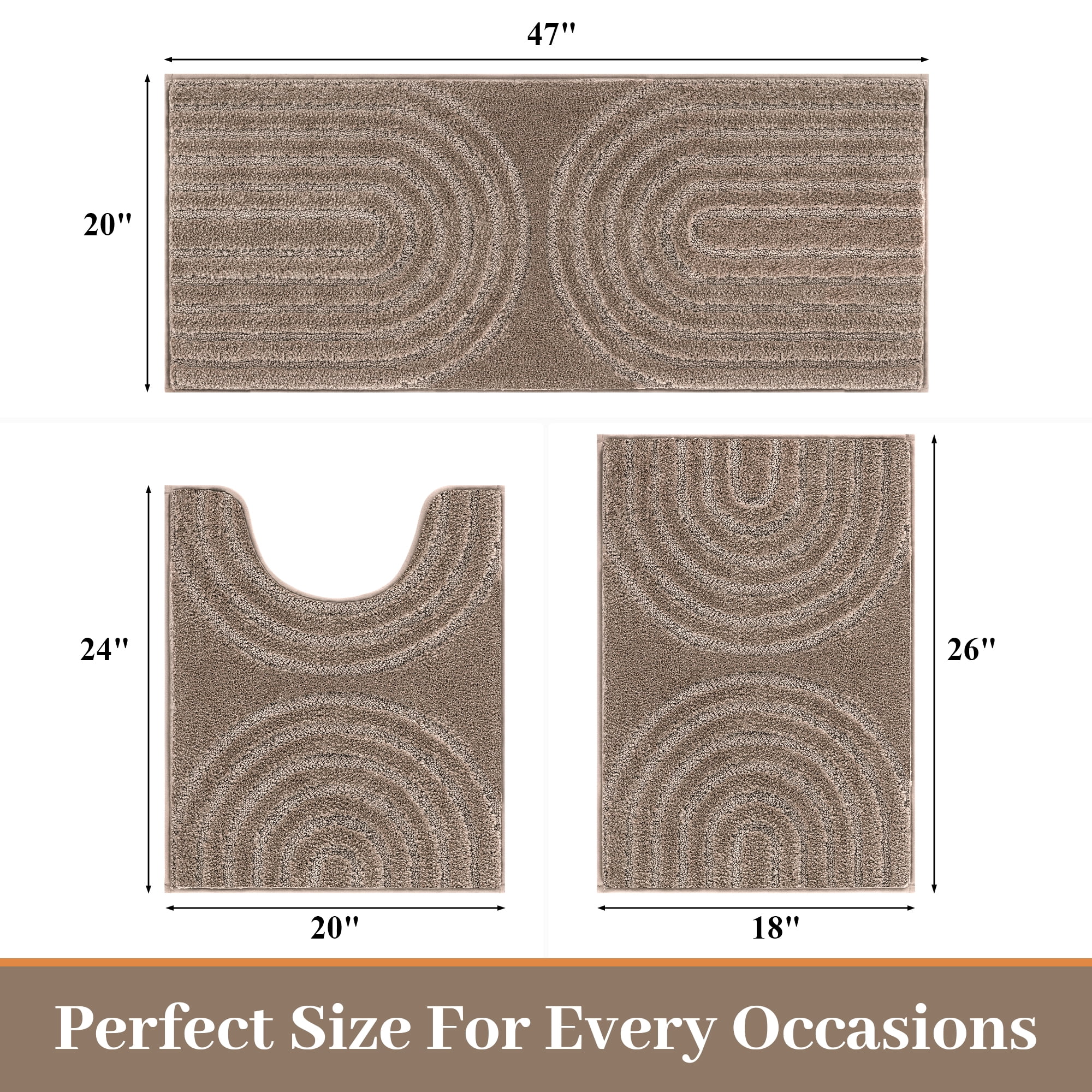 Vaukki Geometric Bathroom Rug Set of 3 Microfiber Soft Absorbent Non Slip Bath Rugs for Bathroom，(18"x26"+20"x47"+20"x24"，Brown)