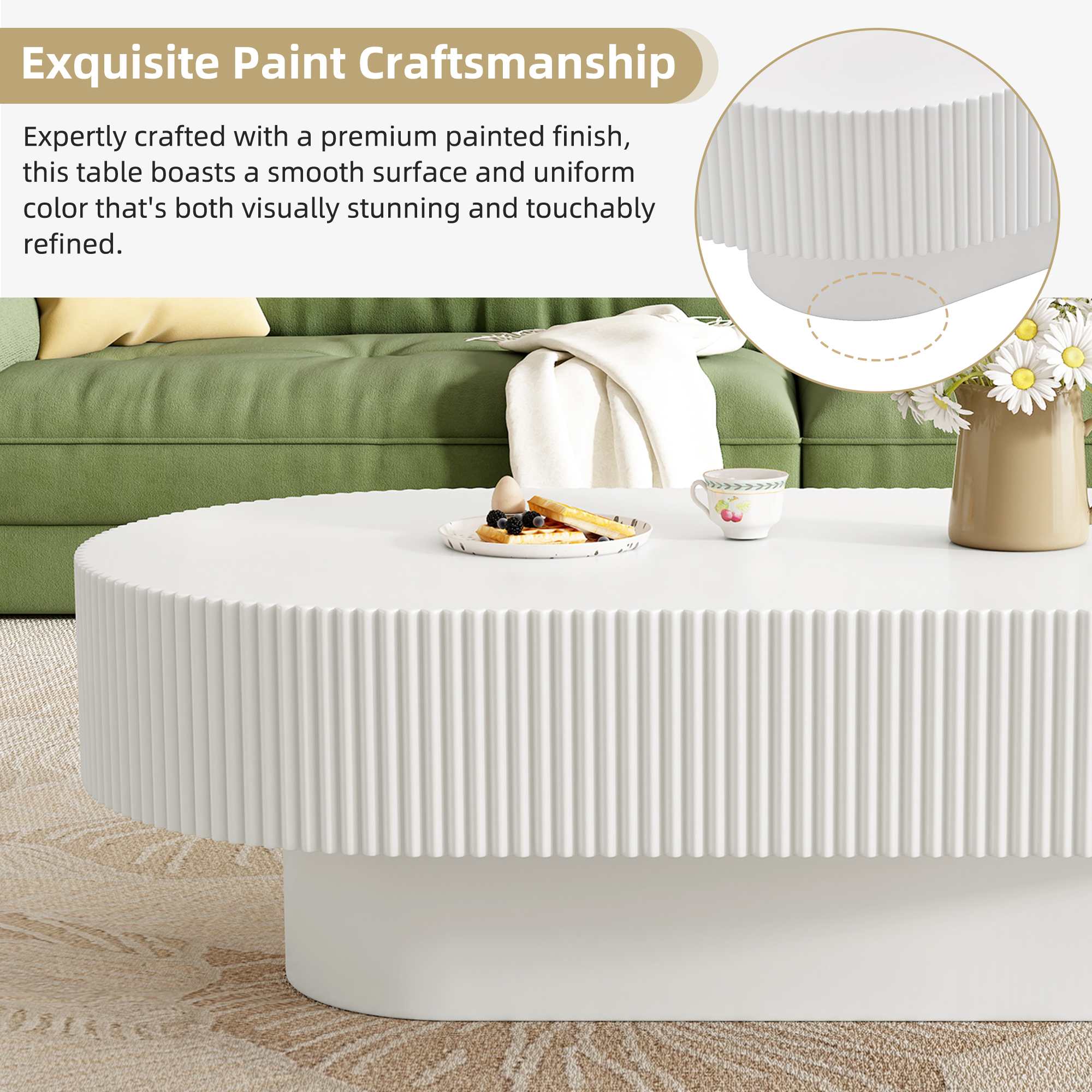 Harper & Bright Designs Wood Fluted Coffee Table, Modern Drum End Table, Oval Center Table with Sturdy Base for Living Room, White