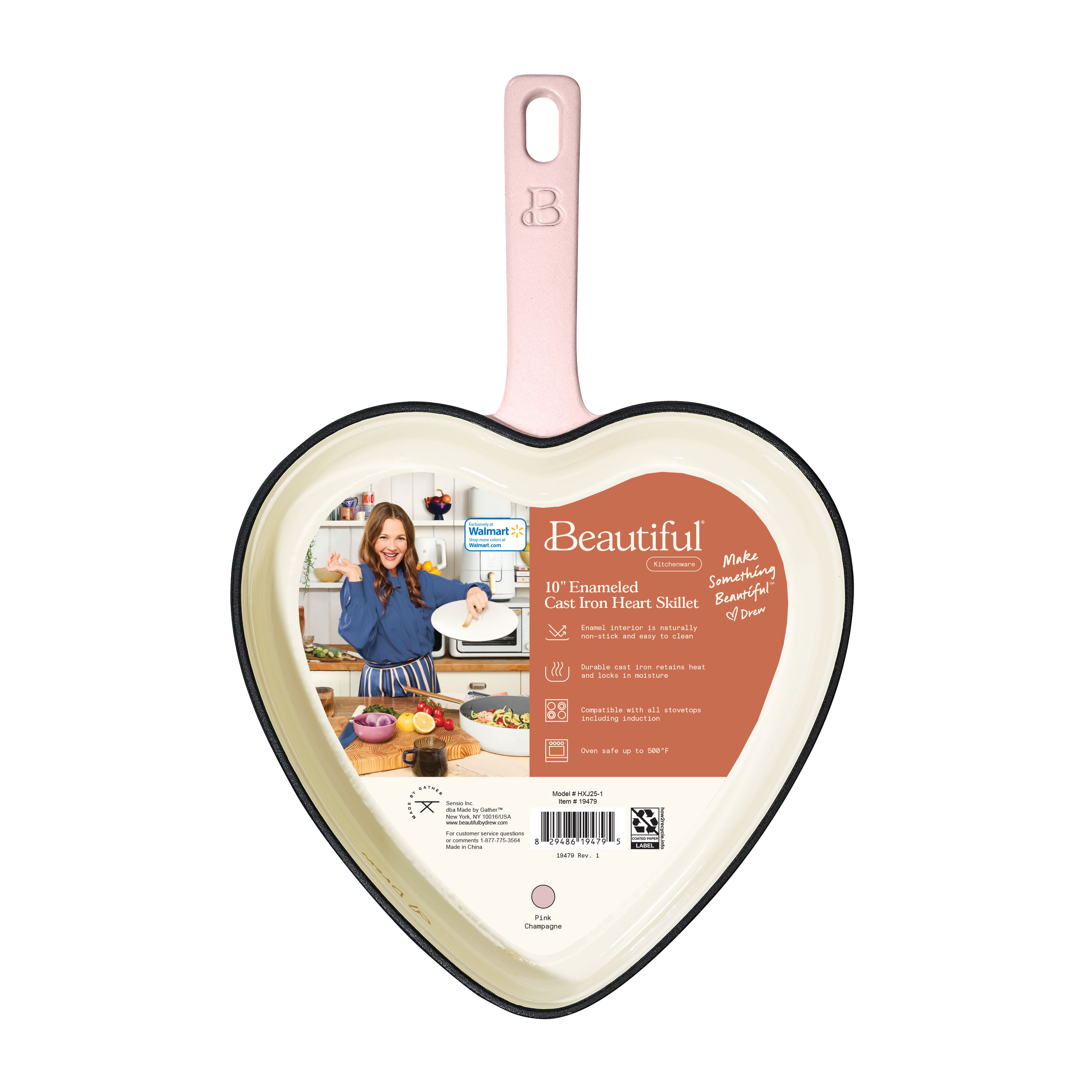 Beautiful by Drew Barrymore 10-Inch Heart Enameled Cast Iron Skillet, Pink photo 2