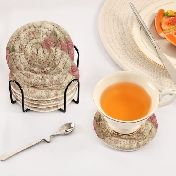BZSMCE 6Pcs Drink Coasters With Holder 3.94Inch Kittens Tea Set Roses Creative Coil Coaster Coasters Colors Absorbent Coasters for Drinks Coasters Set Thicken Heat for Home Table