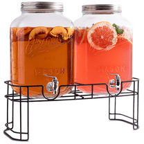 2 Drink Dispenser with Rack, Original Mason 2 Gallons Glass Beverage Dispenser with Metal Stand and Lid, 100% Leakproof Spigot.