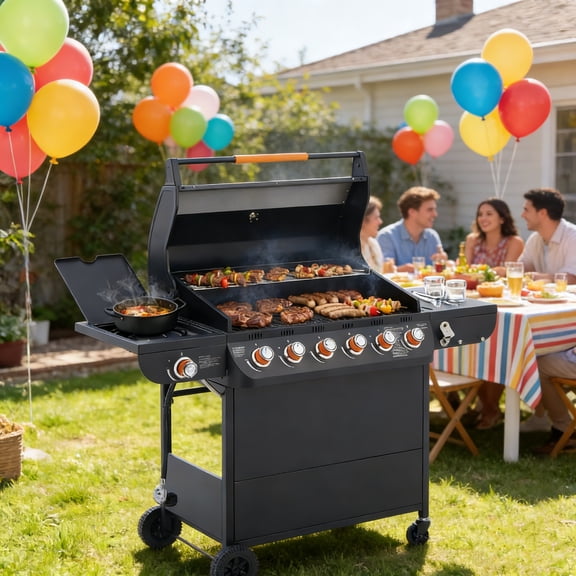 Fehomix 6-Burner Propane Gas Grill with Side Burner, 72000 BTU Commercial Style BBQ Grill, 650 Sq.In Stainless Steel Grill with Cast Iron Grates & 4 Wheels for Large Backyard Parties