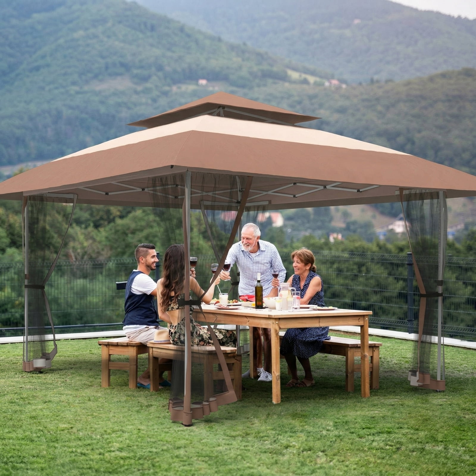 Vitarpatio 11x11 Pop Up Gazebo with Mosquito Netting, Steel Frame Pop-Up Canopy Tent Gazebos Portable Outdoor Gazebo with 2 Tier Roof, 3 Adjustable Height, Carry Bag and 4 Sandbags, Brown