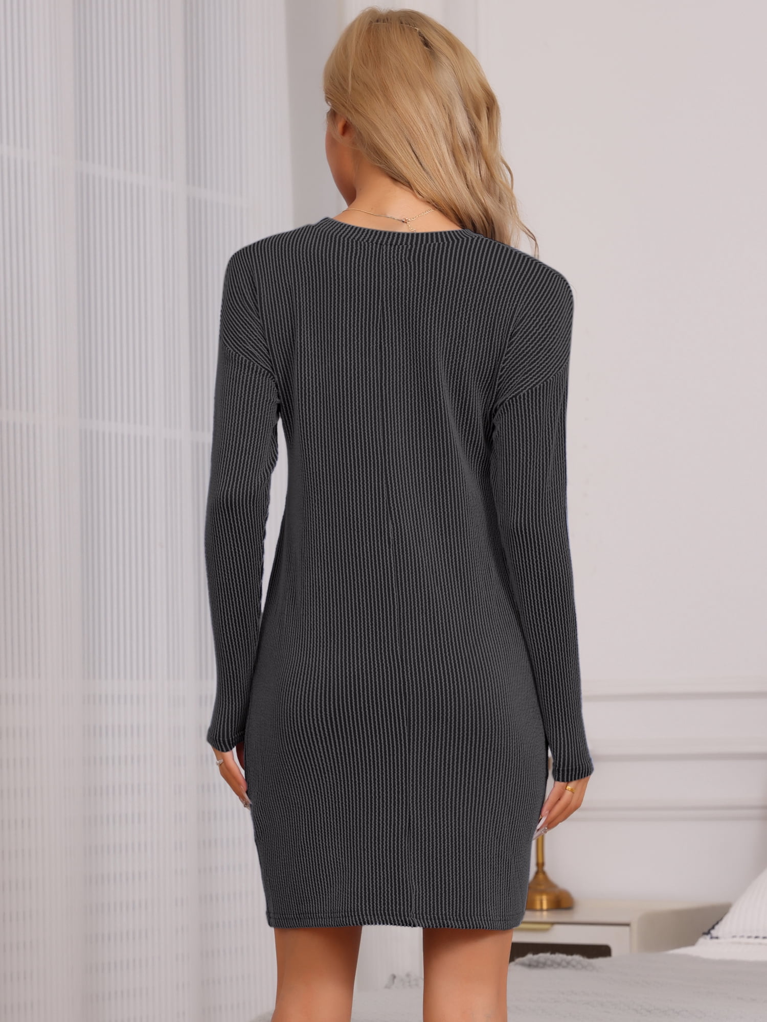 DARING DIVA Women's Long Sleeve Stripe Crewneck Soft Sleepdress with Pocket L Gray