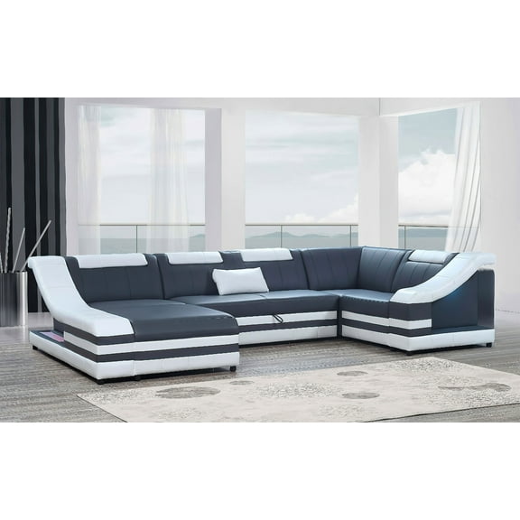 Mofit Home, Comet Modern Leather Sectional with LED Light and Storage Spaces, Bule White, Italian Leather, Modern Design, Adjustable Headrests