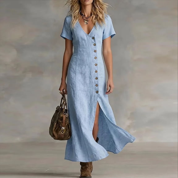 Odbmxy Short Sleeve Women Maxi Dresses Summer Sheath Shirt Dress Holiday Ruffle Tunic Slim Dresses for Women V-Neck