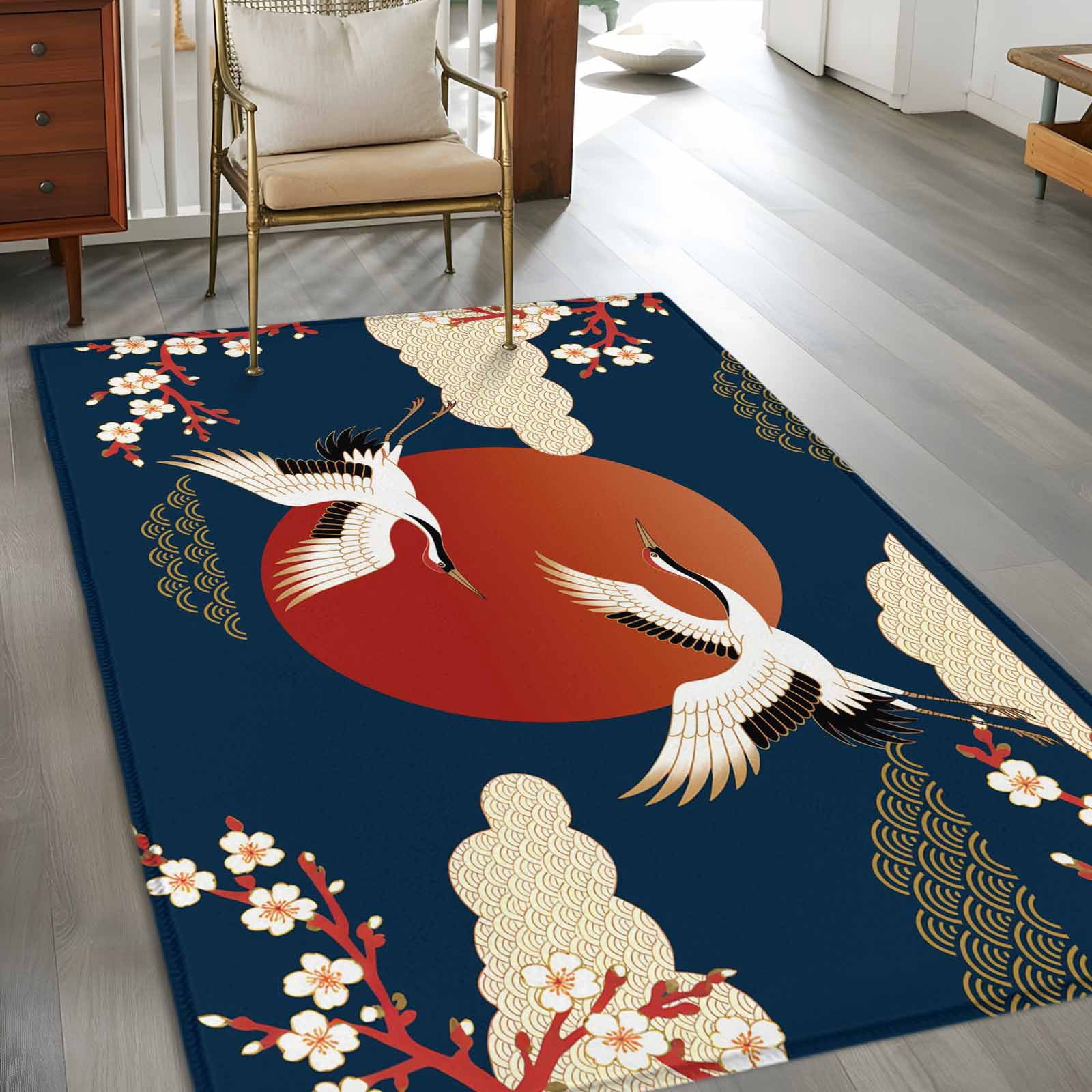 Japanese Style Area Rugs Collection 4'x6', Modern Cranes Cherry Flower Wave Navy Blue Non Slip Indoor Rectangle Throw Runner Rug Floor Mat Carpet for Living Room Dining Table Bedroom Nursery