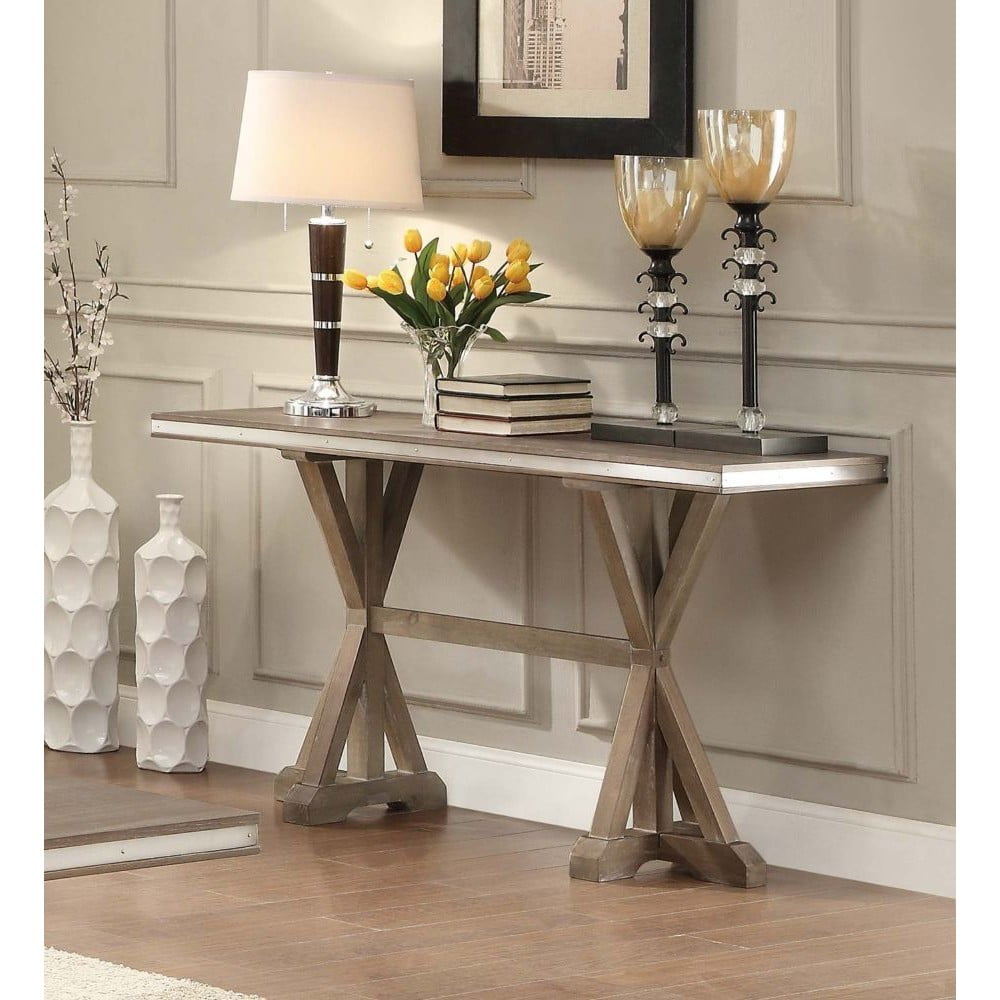 Metal Banded Wooden Rectangular Sofa Table With XBase Double Pedestal