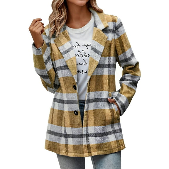Fnooota Womens Peacoats 2025, Casual Single Breasted Plaid Lapel Collar Wool Coats with Pockets Khaki Size S-2XL