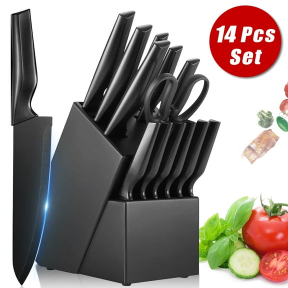 Knife Set with Block, DFITO Sharp Knife Set with Built-in Sharpener, Stainless Steel Kitchen Knife Set with Non-Slip Ergonomic Handle, Dishwasher Safe, 14 PCS Professional Knife Set for Gift, Black