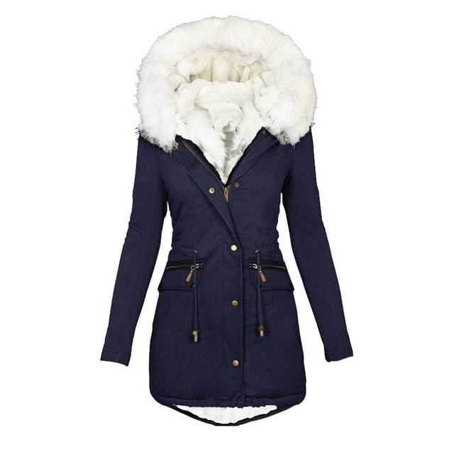 aohooy Winter Jacket Women Plus Size Overcoats with Faux Fur Hood Fleece Sherpa Jackets Zipper Button Outerwear Warm Jackets Navy,XXL