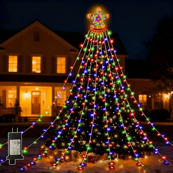 Qunler Outdoor Christmas Decoration Lights, 8 Modes & 350 LED Christmas String Waterfall Fairy Tree Lights Indoor Outdoor Holiday Lighting Decorations, Multicolor, Plug-in