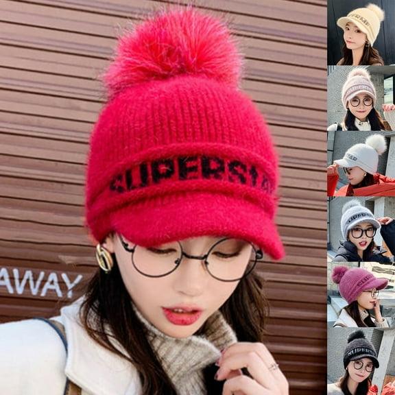 Ludlz Women's Winter Warm Cable Knitted Visor Brim Pom Pom Beanie Hat with Soft Sherpa Lining