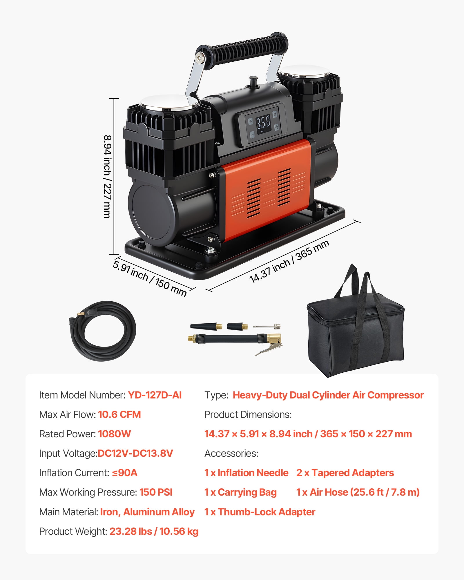 VEVOR Dual-Cylinder Heavy Duty Air Compressor, 10.6CFM Auto-Stop Portable Tire Inflator, 12V 150PSI Offroad Air Pump with LCD Digital Display & Adapters for Truck Car SUV 4 x 4 Vehicle RV
