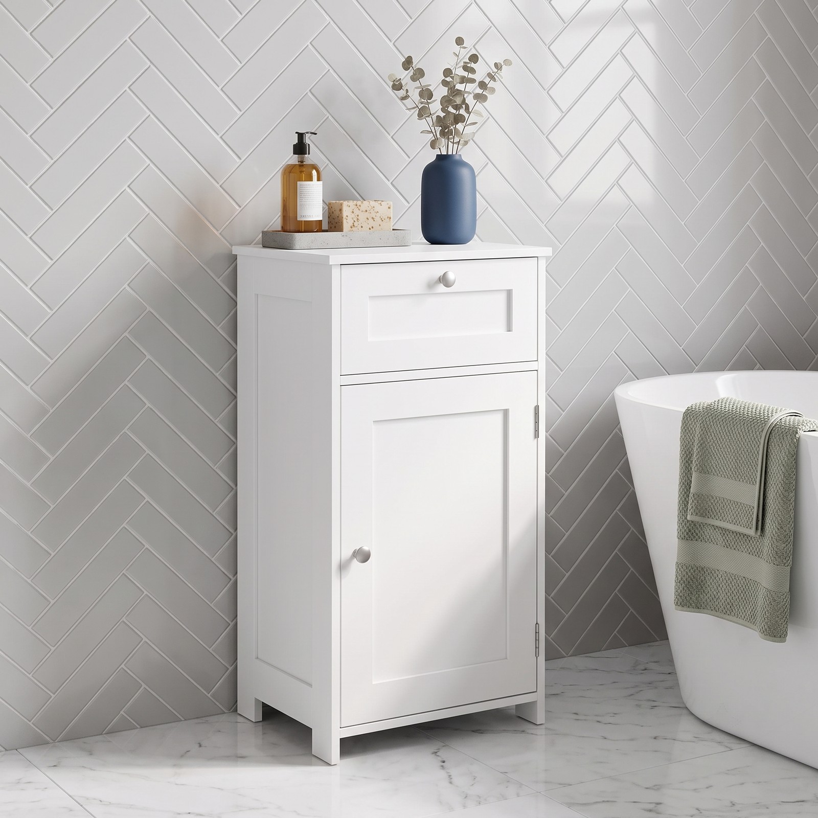 Fenbeli Single Door Bathroom Cabinet with Adjustable Shelf and Drawer, Freestanding Floor Storage Organizer Cabinet for Bathroom, Living Room, Entryway with, White