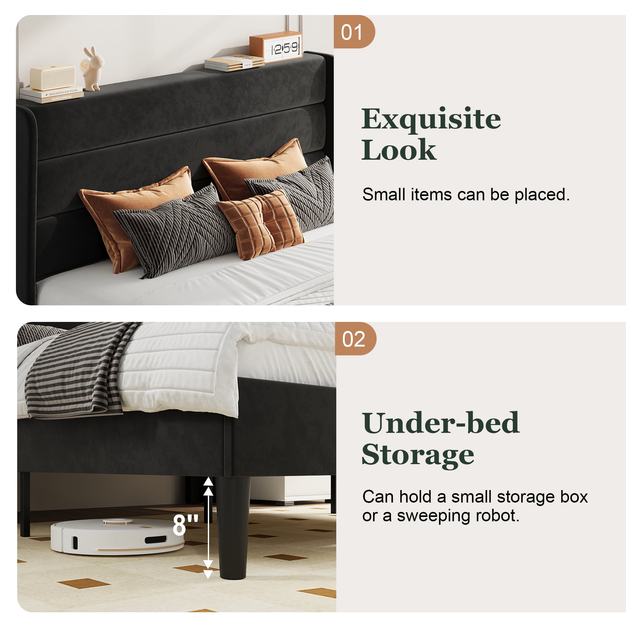 Amolife Full Size Platform Bed Frame with Velvet Upholstered Wingback Headboard, No Box Spring Needed, Black
