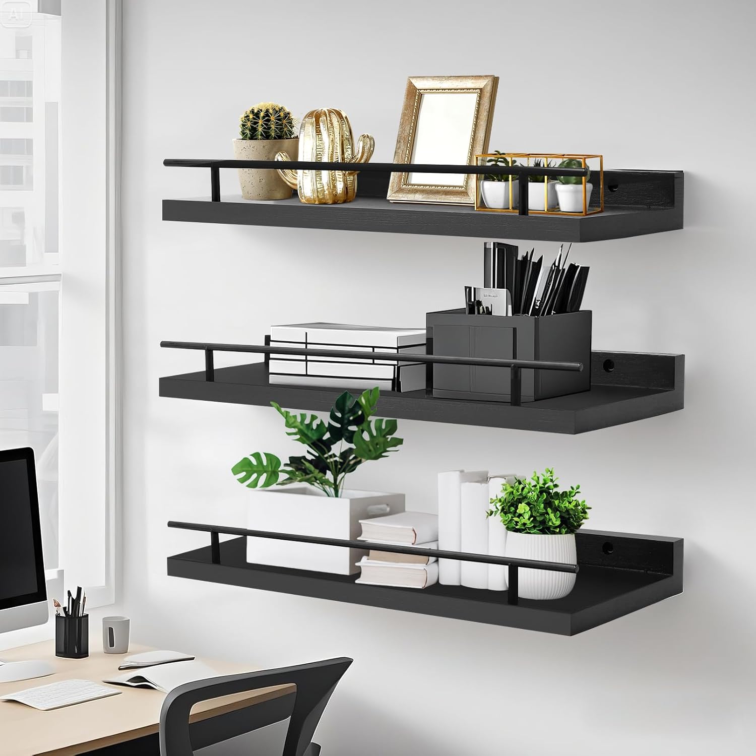 Floating Shelves Wall Mounted Set of 3, Black Wood Storage Shelf, Bathroom Wall Shelves Over Toilet, Floating Shelf for Bathroom Living Room Bedroom Kitchen Office