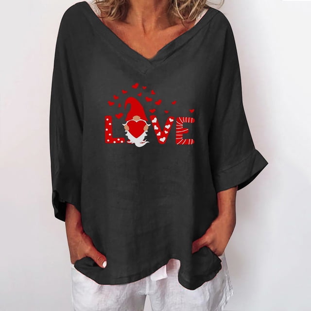 ICHUANYI Liquidación Mujer San Valentín Cuello en V Casual Algodón Jumper Tops Señoras Corazón Camiseta ICHUANYI WER202308232128
