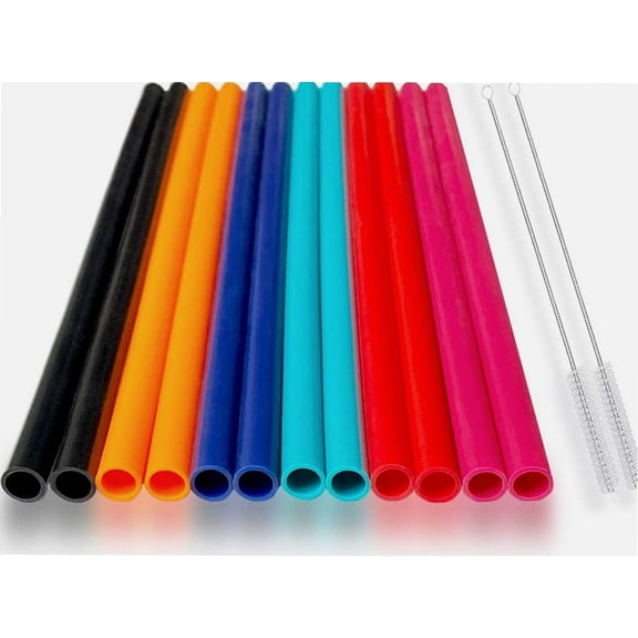 12 Pcs Eco Friendly Silicone Straws with 2 cleaning Brushes,Reusable Silicone Drinking Straws,for 30oz and 20oz Tumblers,Yeti, Ozark, (Pure Multicolor, 10 inches)