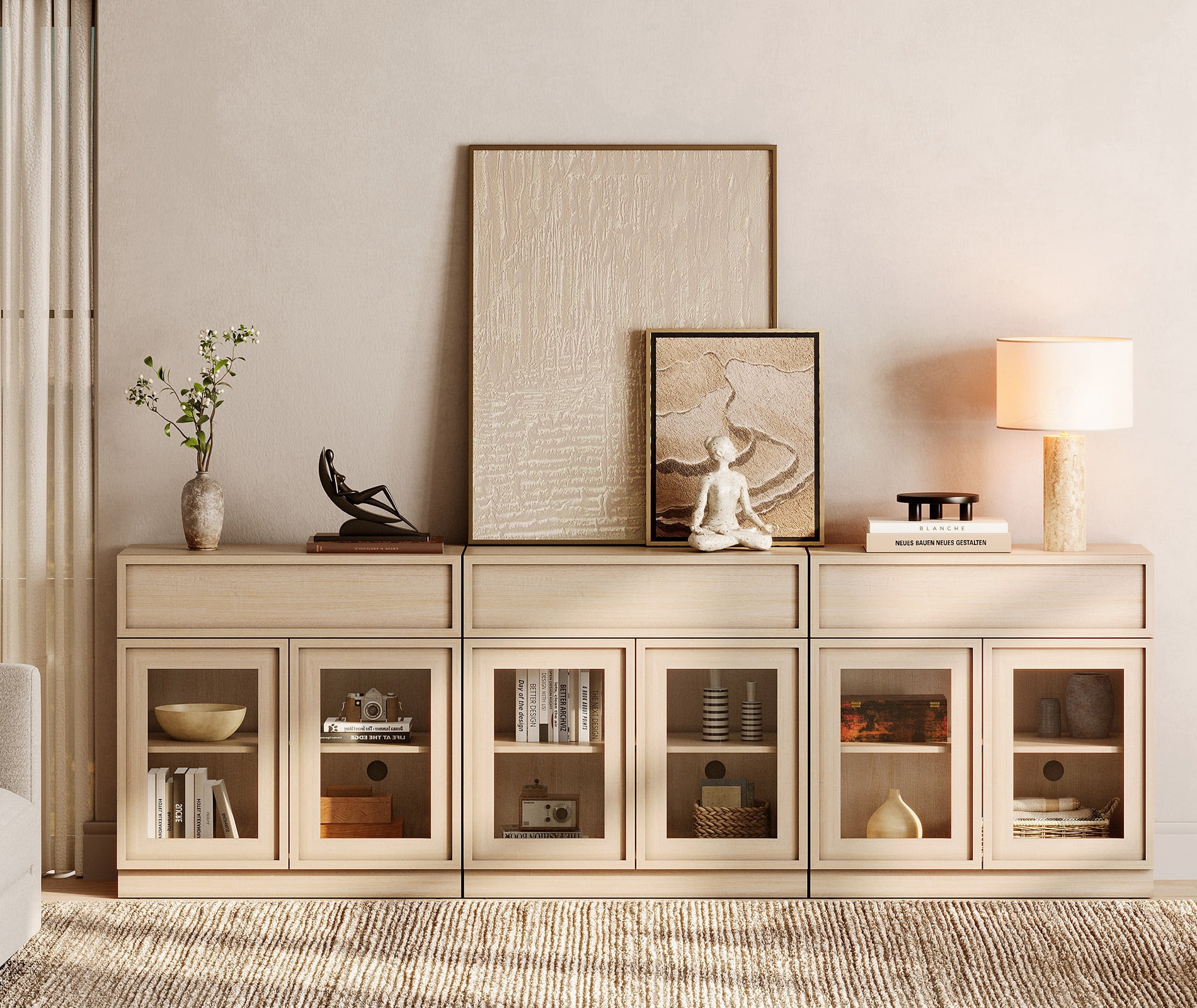 94.5" Modern Sideboard Buffet Cabinet with 6 Glass Doors and Drawers, Multifunctional Sideboard with Adjustable Shelf, Beige