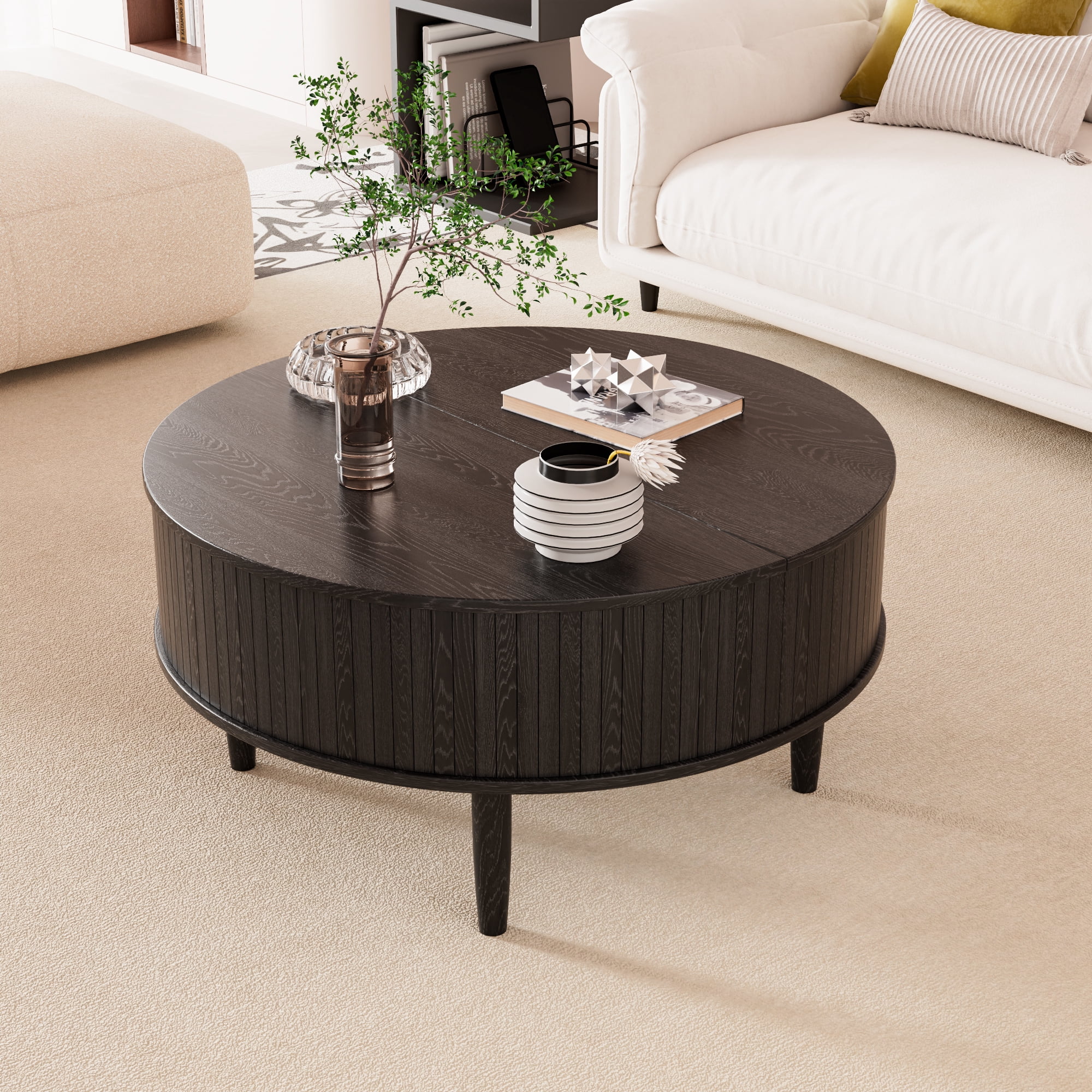Round Lift Top Coffee Table with Storage, Center Table with Hidden Compartment, Circle Coffee Table for Living Room, Black