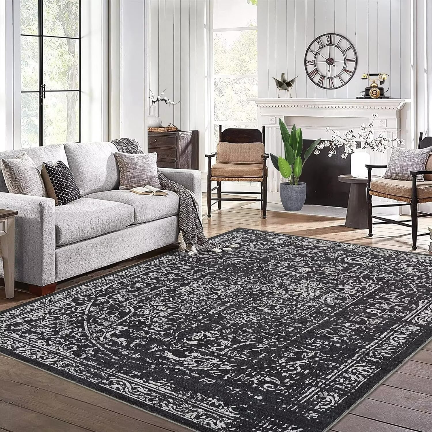FairOnly 10'x13' Black Area Rugs for Dining Room Vintage Washable Floor Cover Non Shedding Low Pile Carpet for Living Room