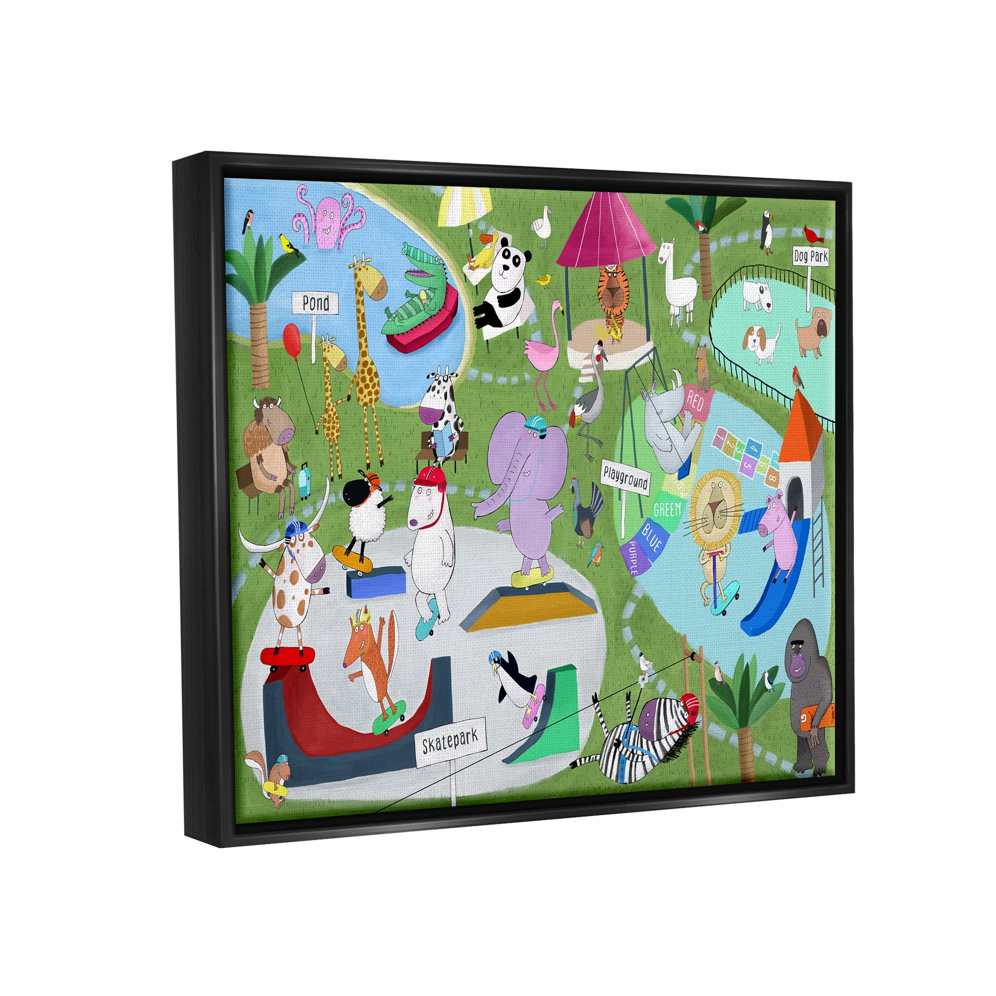 Stupell Industries Animals in Skateboard Park Animals & Insects Painting Black Floater Framed Art Print Wall Art, 21 x 17
