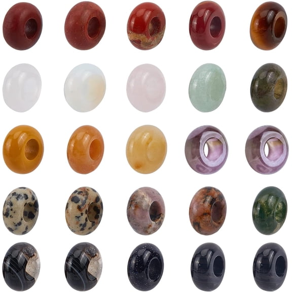 32 Pcs Gemstone European Beads Hair Beads for Braids Rondelle Beads Assorted Stones Large Hole Chains Spacer Beads Charms for Jewelry Makings Mixed Color