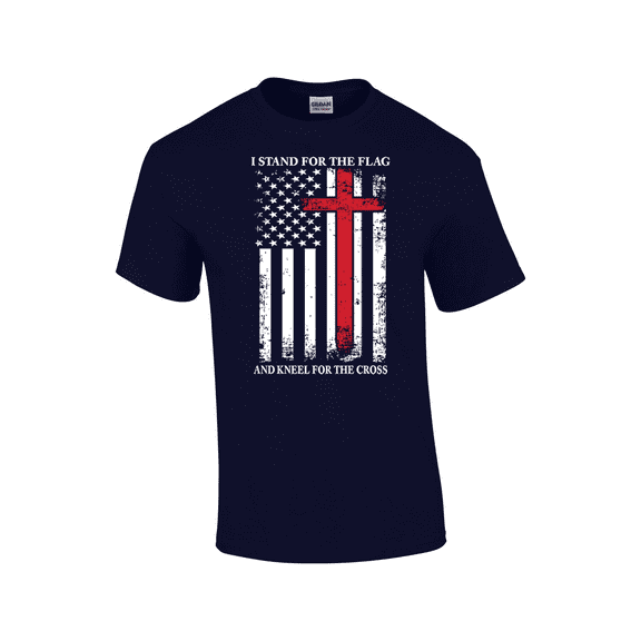 Stand For The Flag Kneel For The Cross White Tattered Flag Red Cross God Jesus Christ American Flag Short Sleeve Men's Graphic T-Shirt-Navy-xxxl
