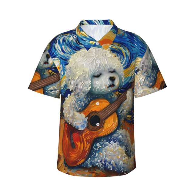 Fotbe Dog Guitar Starry Night Camisa Hawaiana para Hombre Unisex – Camisa Casual de Verano con Botones de Manga Corta de Algodón y Lino,Medium