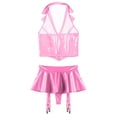 thumbnail image 4 of Eandarui Women's Sexy Wet Look Leather Lingerie Outfits Halter Lapel Crop Vest Top with Miniskirts Pink 4XL, 4 of 6