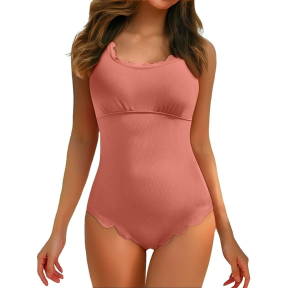 Women Scalloped Ribbed Swimsuits Retro Square Neck Polyester Summer Beach