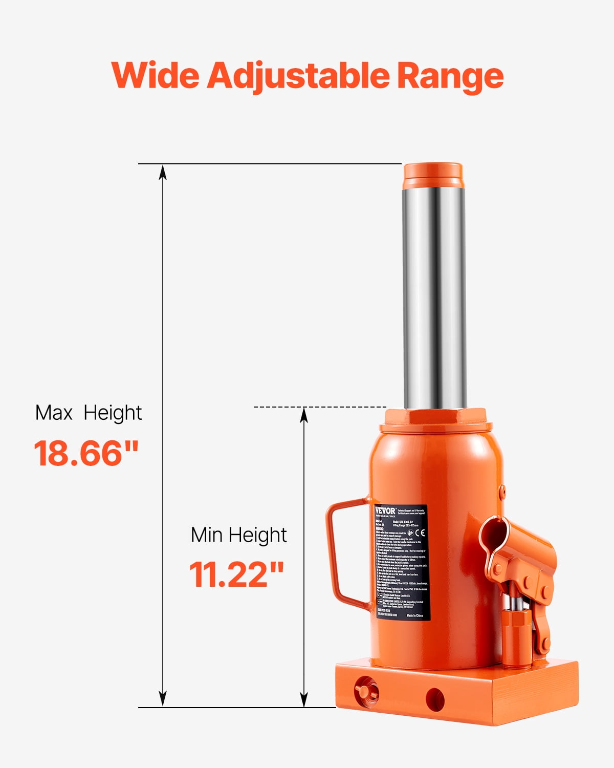 VEVOR Hydraulic Bottle Jack, 30 Ton/66138 lbs Welded Bottle Jack with 11.22''-18.66'' Lifting Range & 3-Section Long Handle
