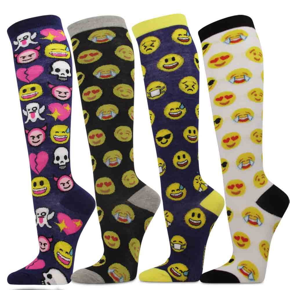 4 Pairs Emoji Women's Fancy Design Multi-Colorful Patterned Knee High Socks 