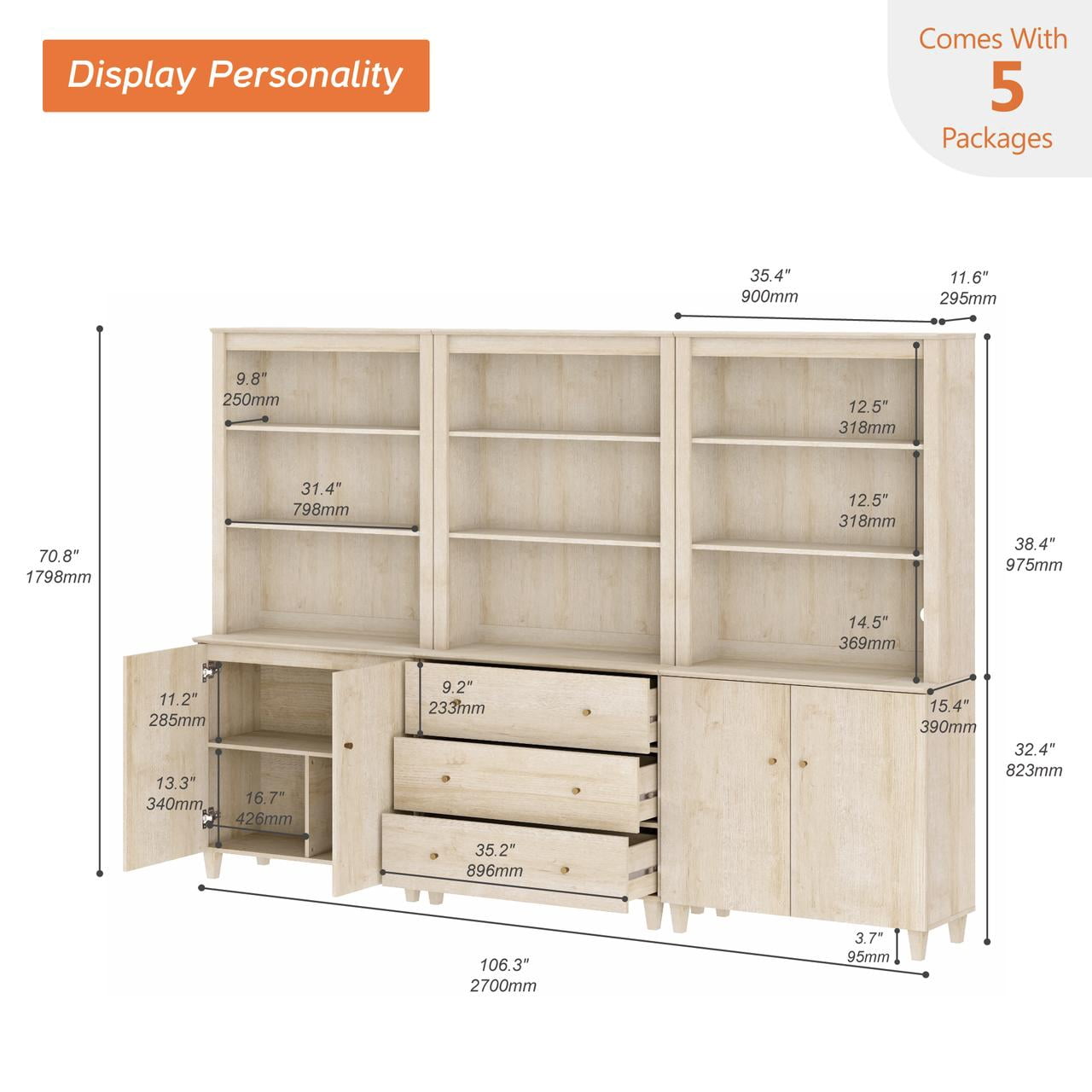 WAMPAT 71" Tall Bookshelf Set of 3, 5-Tier Modern Storage Bookcase with 2 Cabinets and 3 Drawers, Large Wooden Bookcases for Living Room, Natural Oak