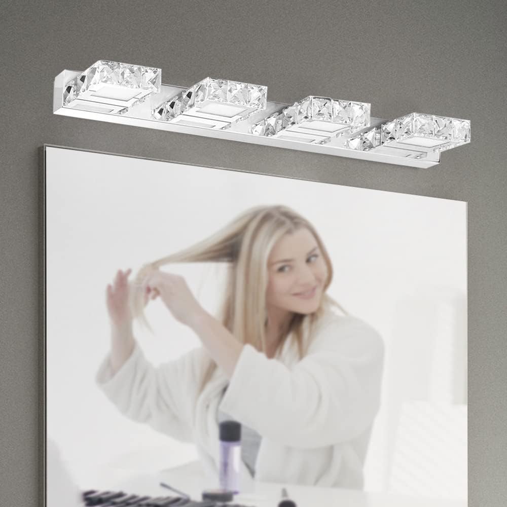 Bathroom Wall Lamp Fixture, Dimmable Led 4 Light Over Mirror Modern Crystal Vanity Light with Clear Glass Shade for Bedroom Living Room Dressing Room.