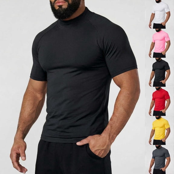 Fengqque Men's Casual Mock Turtleneck Pullover Tops Short Sleeve Slim Fit T-Shirts Basic Solid Color Tees Yellow XL(XL)