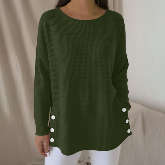 Qulqfy Tops Women Side Split Tunic Green Crew Neck Waffle Knit Shirts Spring Long Sleeve Fall Shirts Womens Holiday Tops L