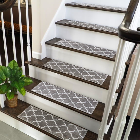 Stair Treads Trellisville Collection Contemporary, Cozy, Vibrant and Soft Stair Treads, 9'' x 28'', Gray & White, Pack of 7 [100% Polypropylene]