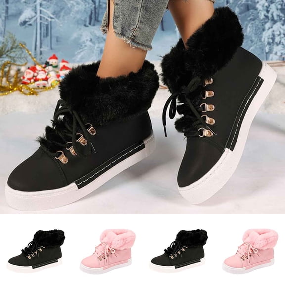 FRSASU Women's Flat Lace-Up Snow Ankle Boots Winter Warm Thick-Soled Non-Slip Plush Lined Work Boots Pink
