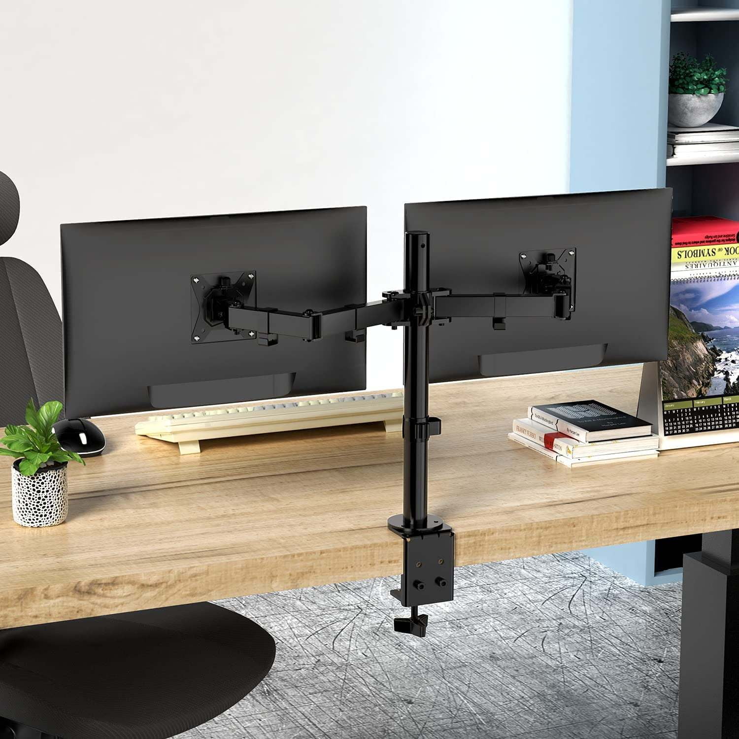 Heavy Duty Dual Monitor Stand for 13-32 Inch Screens, Fully Adjustable Desk Mount with C-Clamp/Grommet, 45° Tilt 360° Rotation, VESA 75/100, Holds 17.6lbs per Arm, Black