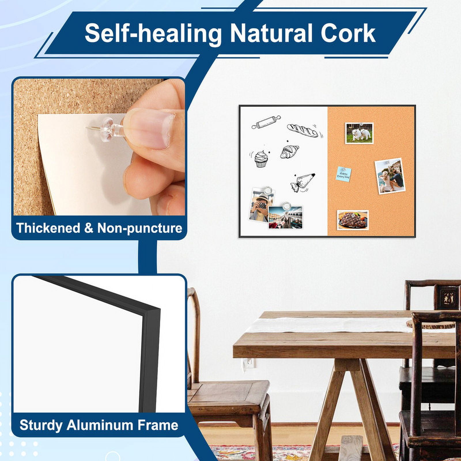 Cork Board White Board Combo, 24"x18" Small Bulletin Board for Wall, Magnetic Dry Erase Corkboard, Vision Whiteboard for Office,Home,School, Black Frame