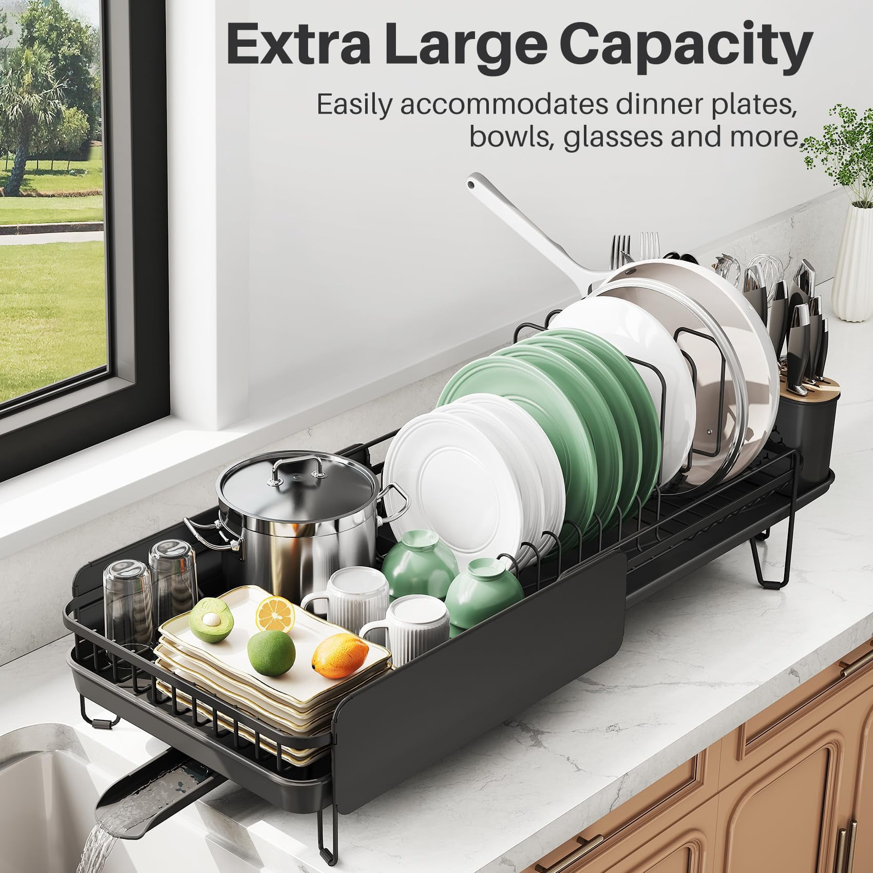 Dish Drying Rack Black Stainless Steel Expandable for Kitchen Counter