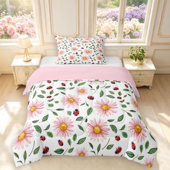 Erosebridal Romantic Flower Twin Comforter Sets,Watercolor Bug Ladybug Bedding Set,White Pink,Pink Reversible,2 Pieces,1 Comforter and 1 Pillowcase