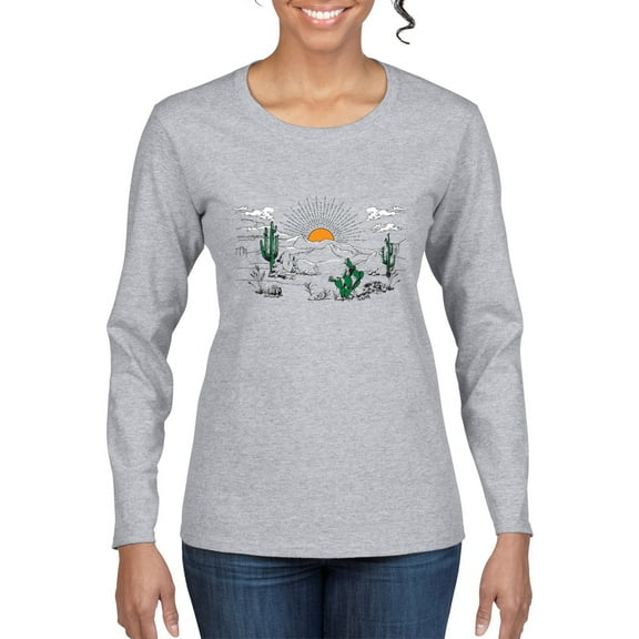 Wild Bobby Cactus Desert Sunset Nature Lover Women Graphic Long Sleeve Tee, Heather Grey, Small