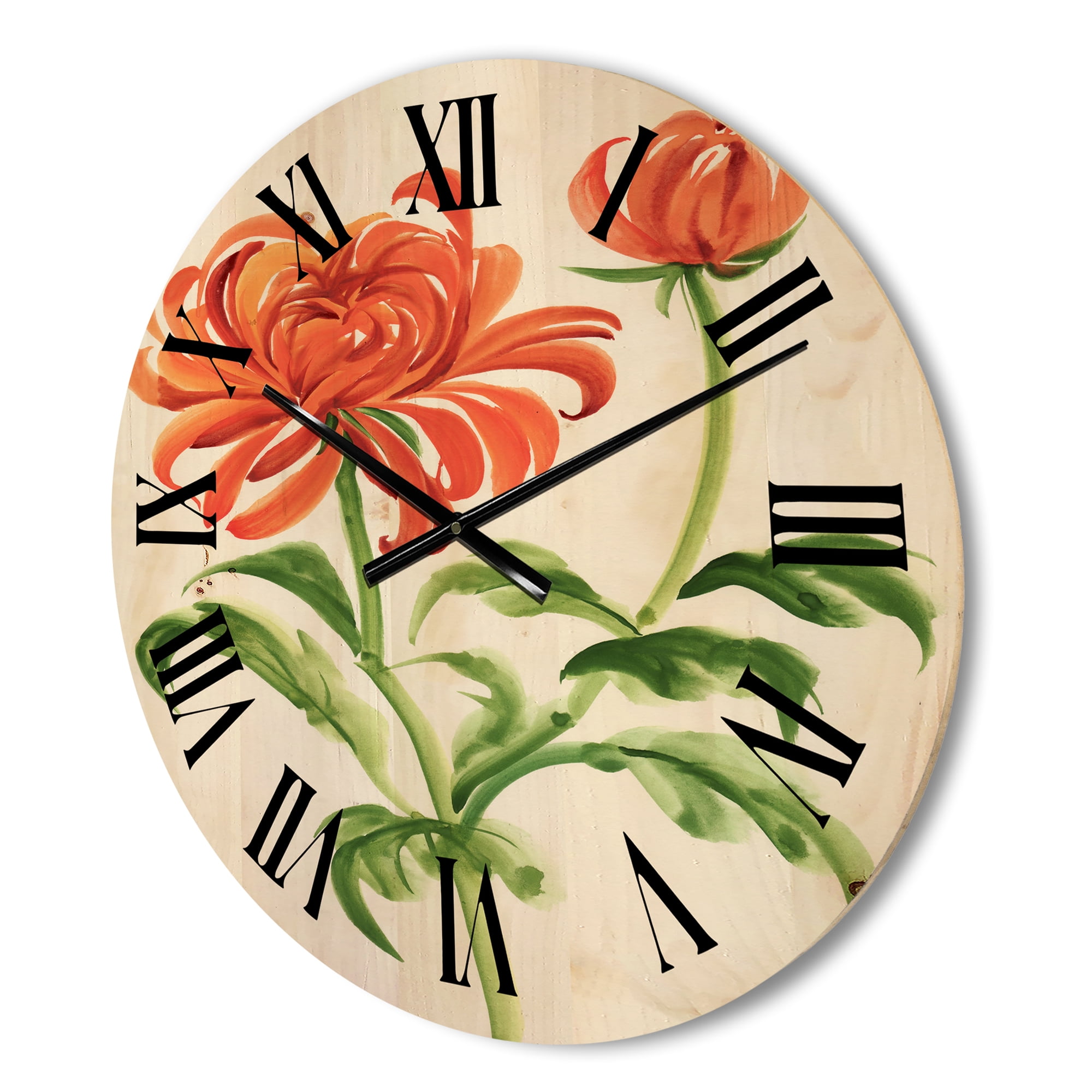 Designart 'Ancient Orange Chrysanthemum Flower' Traditional Wood Wall Clock