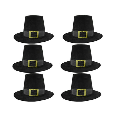 6 PK Deluxe Pilgrim Hat With Buckle Quaker Amish Top Hat Cap Flat Topped Costume