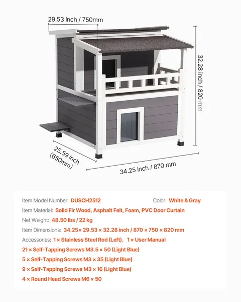 Insulated 2 Story Wooden Cat House with Foam Balcony Waterproof Indoor Outdoor Shelter for 1-3 Cats Winter 33 x 29.5 x 32 in