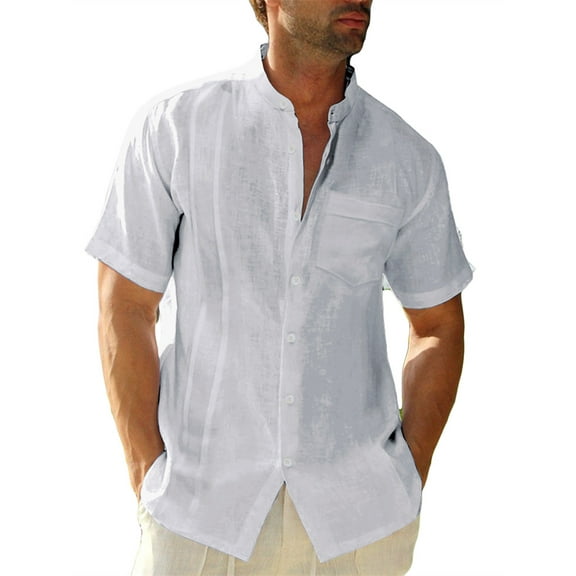 Solid Color Men Short Sleeved Stand Collar Button Blouse With Pocket