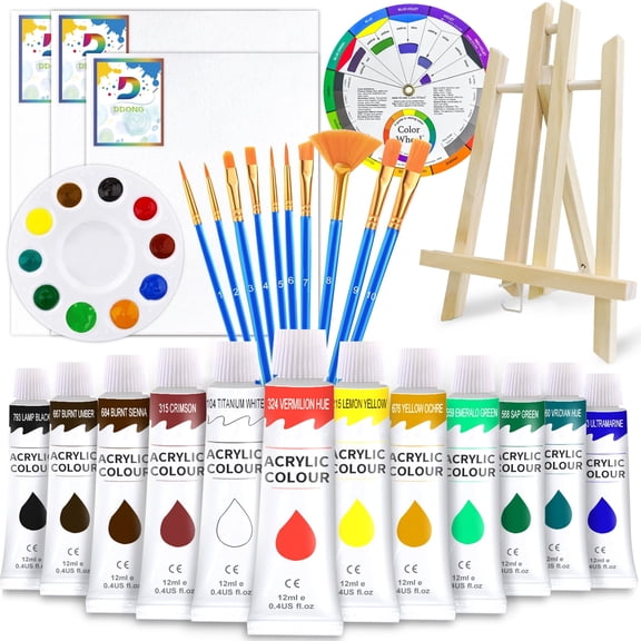 DDONG Acrylic Paint Set for Kids,28-Piece Painting Supplies Kit with Tabletop Easel,Canvases, Brushes, Palette and More